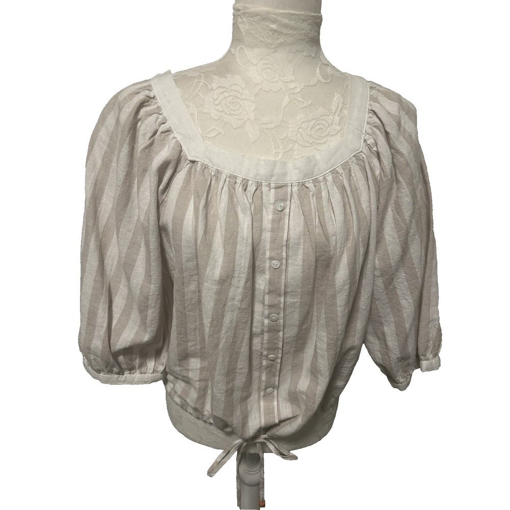 Anthropologie Calligraphie Linen Bld Top Sz M Tan‎ Stripes Balloon Slvs Nautical